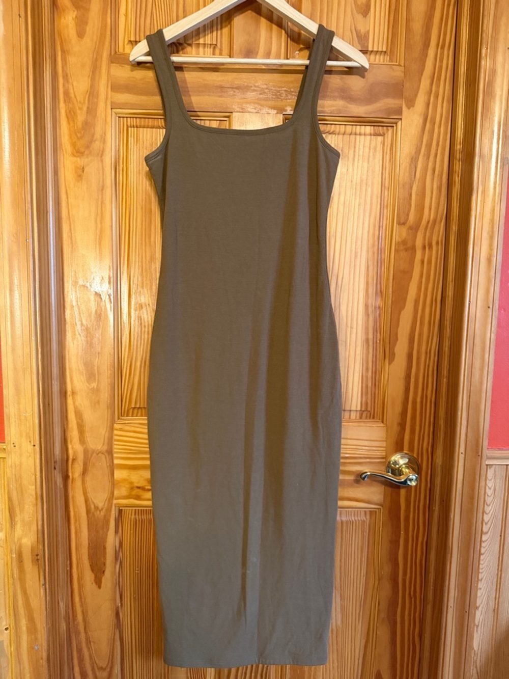 Good American Tan Scuba Square Neck Tank Midi Dress